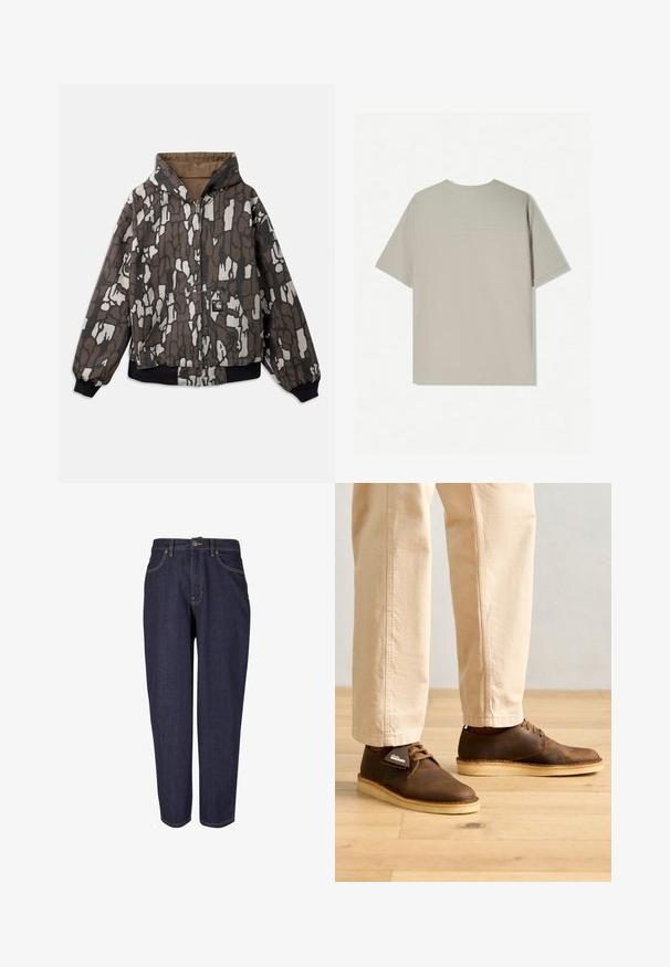 Hupparitakki ruskeassa ja harmaassa, jossa on teksturoitu abstrakti kuviopinta, vetoketjukiinnitys, kaksi taskua sekä joustavat hihansuut ja helma.; Beige puuvillane t-särk lühikeste varrukatega. Omab lihtsat disaini ja ümmargust kaelust. Sile tekstuur, tagaküljel minimaalne õmblus.; Tummat farkut suoranlahkeisella muotoilulla, jossa on perinteinen viiden taskun tyyli, hillitty kultaommel ja metallinen napitus.; Ruskeat nahkakengät, joissa on sileä pinta, pyöreä kärki ja vaaleat kumipohjat. Yhdistettynä vaaleankahvinvärisiin housuihin.