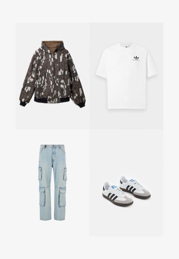 Casaco com capuz em castanho e cinza, apresentando um padrão abstrato texturizado, fecho com zip, dois bolsos e punhos e barra elásticos.; T-shirt de algodão branco com mangas curtas, apresentando um logótipo preto "BASKETBALL" e o icónico design de três riscas na parte da frente.; Calças cargo de denim azul claro com múltiplos bolsos laterais, design de perna reta e um acabamento desbotado. Apresenta um fecho frontal com botão e zipper.; Ténis desportivos com um cabedal em pele branca, biqueira em camurça cinza e três riscas pretas. Apresenta um logo azul na língua e uma sola de borracha texturizada.