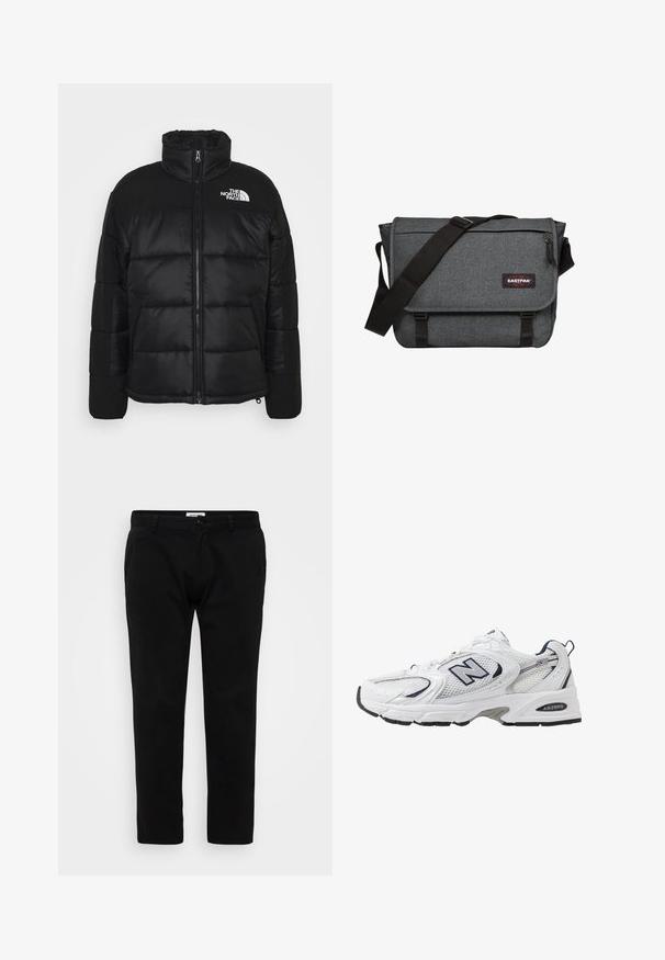 Zwarte pufferjack met een hoge kraag, volledige ritssluiting, gestikte ontwerpen en het merkimago aan de bovenkant aan de linkerkant.; Lichtblauwe trui met een gestructureerde breiwijze en een wolkenpatroon in het wit. Ronde halslijn en geribbelde mouwen en onderrand.; Zwarte broek in een slim fit ontwerp, met een vlakke voorkant, riemlussen en een rits met knoopsluiting. Gemaakt van een soepele, stevige stof.; Witte sport schoen met mesh bovenkant, marineblauwe accenten en een gehoorzaamde zool. Bevat het "N" logo, veters en een gestructureerde detail aan de zijkant.; Grijze messenger bag van een gestructureerde stof, met een zwarte schouderband en een sluiting met gesp. Het heeft een logopatch en een ritszak aan de voorkant.