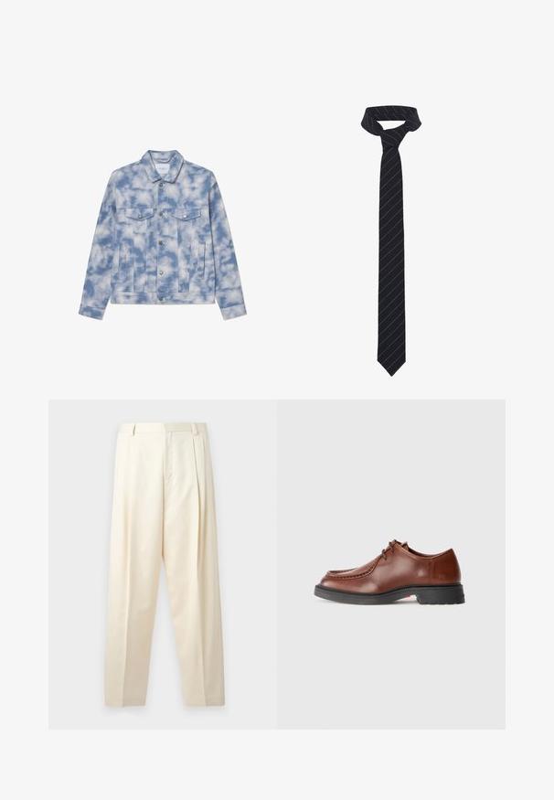 Chaqueta de denim en azul claro con patrones de nubes, que presenta un collar tipo punta, dos bolsillos en el pecho y herrajes en tono plateado para el cierre y los acentos.; Camisa blanca de manga larga hecha de tela texturizada, con un cuello clásico, cierre de botones en la parte delantera y dobladillo recto, con un ajuste relajado.; HUGO FEDIX - Pantalones - natural; Zapato de vestir de cuero marrón con puntera redondeada, costuras en contraste, diseño de cordones y suela texturada de goma negra.; Corbata negra con rayas diagonales azules, hecha de una tela lisa. Presenta un extremo afilado y un lazo anudado en la parte superior.