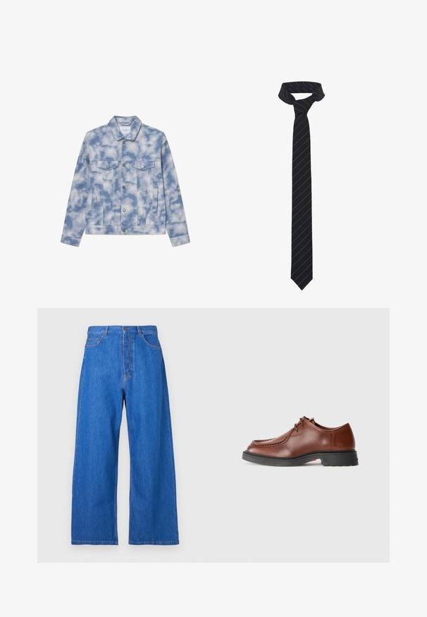 Jaqueta de denim em azul claro com padrões de nuvens, apresentando um colarinho pontudo, dois bolsos no peito e fechos e detalhes em tom prata.; Camisa de manga longa branca feita de tecido texturizado, com colarinho clássico, fecho com botões à frente e bainha reta, com um ajuste descontraído.; Calças de ganga largas azuis com uma cintura alta, fecho dianteiro por botão, passadores para cinto e design de cinco bolsos.; Sapato de vestir de couro castanho com bico arredondado, costura em contraste, design com atacadores e sola de borracha preta texturizada.; Gravata preta com riscas diagonais azuis, feita de um tecido suave. Apresenta uma ponta afilada e um laço apertado no topo.