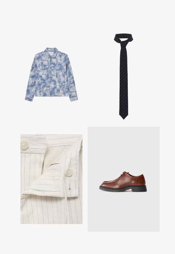 Denim jacket in light blue with cloud patterns, featuring a pointed collar, two chest pockets, and silver-tone hardware for closure and accents.; White long-sleeve shirt made of textured fabric, featuring a classic collar, button front, and straight hemline, with a relaxed fit.; White, textured fabric with vertical pinstripes; features buttons and a drawstring closure; includes an inner pocket detail.; Brown leather dress shoe with a rounded toe, contrasting stitching, lace-up design, and a textured black rubber sole.; Black tie with diagonal blue stripes, made from a smooth fabric. Features a tapered end and a knotted loop at the top.