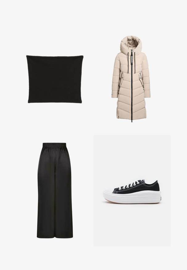 Beżowy długi zimowy płaszcz puchowy z wysokim kołnierzem, zamek błyskawiczny z przodu, dwie boczne kieszenie zapinane na zamek oraz czarne sznurki w kapturze.; Czarna prostokątna poszewka na poduszkę wykonana z materiału, charakteryzująca się gładką teksturą, bez wzorów czy ozdób. Prosty, minimalistyczny design.; Czarne spodnie z szerokimi nogawkami, wykonane z gładkiego, błyszczącego materiału, z elastycznym pasem i bez widocznych kieszeni ani elementów metalowych.; Czarne płócienne tenisówki z białymi sznurowadłami, białą gumową czapeczką na palcach i masywną białą podeszwą. Mają subtelne białe przeszycia i gumową podeszwę.