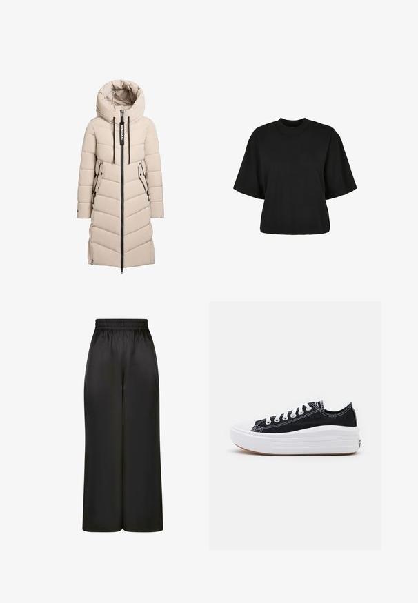 Beige lange gewatteerde winterjas met hoge kraag, voorkant rits, twee ritszakken aan de zijkant en zwarte trekkoordjes op de capuchon.; Zwart cropped t-shirt van katoen. Heeft korte mouwen en een ronde halslijn. Glad materiaal met een eenvoudig ontwerp, geen extra patronen.; Zwarte wijde broek gemaakt van soepel, glanzend materiaal met een elastische tailleband en zonder zichtbare zakken of hardware-details.; Zwarte canvas sneakers met witte veters, een witte rubberen teenkap en een chunky witte tussenzool. Bevat subtiele witte stiksels en een gumzool.