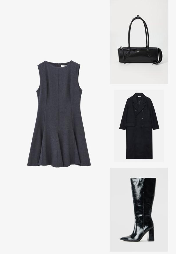 Dwurzędowy czarny płaszcz wykonany z teksturowanej tkaniny, z szerokim kołnierzem, dwiema przednimi kieszeniami i ciemnymi guzikami. Długi, prosty fason.; Sukienka bez rękawów w ciemnoszarym kolorze z dopasowanym gorsetem i rozkloszowanym dołem w kształcie litery A, wykonana z teksturowanej tkaniny; posiada zamek błyskawiczny z tyłu.; Czarne kozaki do kolan wykonane z błyszczącej skóry, z wywiniętym noskiem i masywnym, geometrycznym obcasem o gładkiej fakturze.; Czarna skórzana torebka o prostokątnym kształcie, gładkiej fakturze, z dwoma uchwytami, zamek błyskawiczny oraz małe logo z przodu.