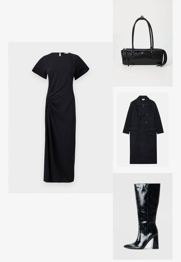 Double-breasted black coat made from textured fabric, featuring a wide lapel, two front pockets, and dark buttons. Long, straight silhouette.; Black, long dress with short sleeves, side ruching, and a back keyhole opening. Made of soft fabric with a smooth texture.; Black knee-high boots made of glossy leather, featuring a pointed toe and a chunky geometric heel with a smooth texture.; Black leather handbag with a rectangular shape, smooth texture, two handles, zip closure, and a small logo on the front.