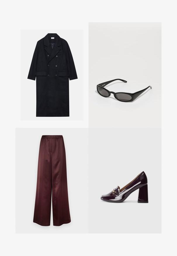 Dvouřadový černý kabát vyrobený z texturované tkaniny, s širokým límcem, dvěma předními kapsami a tmavými knoflíky. Dlouhá, rovná silueta.; Svetr pletený v burgundské a černé pruhy s volánovým límcem, tříknoflíkovou légou a zkráceným spodním lemem. Měkká textura s volnějším střihem.; Kalhoty s širokými nohavicemi v hluboké burgundské saténové úpravě, vybavené elastickým pasem a hladkou texturou bez viditelných vzorů nebo akcentů.; Lodičky na vysokém podpatku z lesklé hluboké fialkové lakované kůže, s kulatou špičkou a zlatým přezkovým detail na svršku.; Henrik Vibskov MEGAN SUNGLASSES UNISEX - Sluneční brýle - black; Černá kožená kabelka se strukturovaným designem, horním uchem a zlatým zapínáním. Má texturovaný povrch s embosovaným logem.