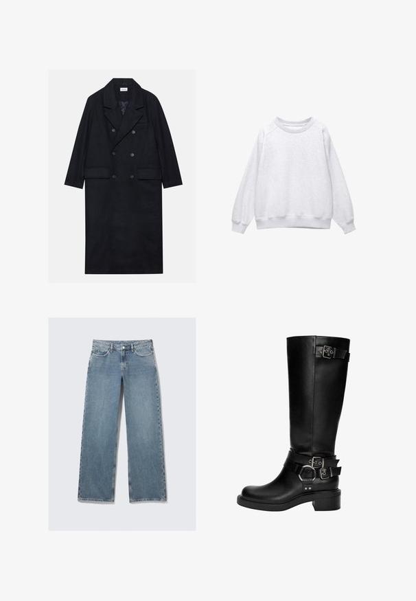 Dugi crni kaput s dvostrukim kopčanjem, izrađen od teksturirane tkanine, s širokim reverima, dva prednja džepa i tamnim dugmadi. Duga, ravna silueta.; Svijetlosivi dukserica s okruglim izrezom, dugim rukavima i rebrastim manžetama i donjim rubom, prikazana ravno na bijeloj pozadini.; Svijetloplavi traperice visokog struka ravnog kroja s prednjim džepovima, petljama za remen i gumbom za zatvaranje na bijeloj pozadini.; Crne kožne čizme do koljena imaju zaobljeni vrh,.Stacked potez i više dekorativnih trakica s srebrnim kopčama i akcentima.