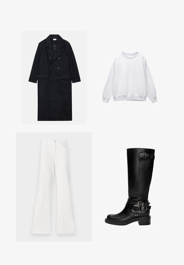 Dugi crni kaput s dvostrukim kopčanjem, izrađen od teksturirane tkanine, s širokim reverima, dva prednja džepa i tamnim dugmadi. Duga, ravna silueta.; Svijetlosivi dukserica s okruglim izrezom, dugim rukavima i rebrastim manžetama i donjim rubom, prikazana ravno na bijeloj pozadini.; PS Paul Smith WOMENS WIDE LEG - Hlače - white; Crne kožne čizme do koljena imaju zaobljeni vrh,.Stacked potez i više dekorativnih trakica s srebrnim kopčama i akcentima.