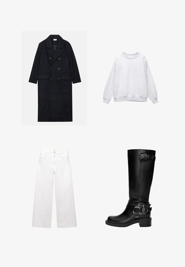 Dubbelknäppt svart kappan är tillverkad av texturerat tyg, har en bred slagkrage, två framfickor och mörka knappar. Lång, rak silhuett.; Ljusgrå sweatshirt med rund halsringning och långa ärmar, med ribbad mudd och nederkant, uppvisad liggande på vit bakgrund.; Vita vida jeans i bomull med hög midja, fem fickor och detaljer i mässing. Slät, odistressad yta.; Svarta läderstövlar som går upp till knäna har en rund tå, en staplad klack och flera dekorerande remmar med silverspännen och accenter.