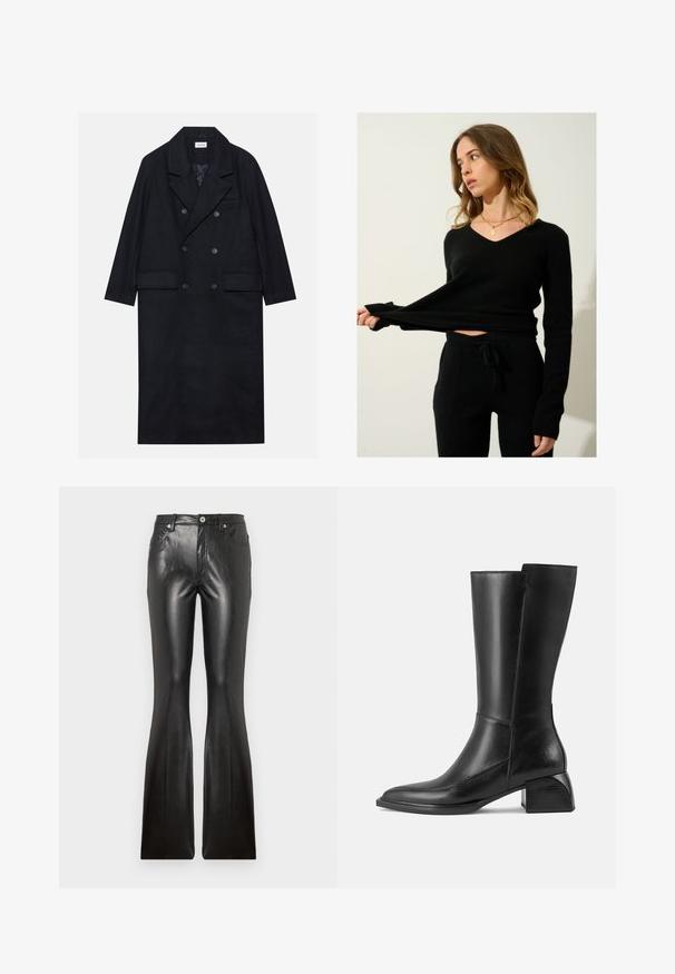 Dwurzędowy czarny płaszcz wykonany z teksturowanej tkaniny, z szerokim kołnierzem, dwiema przednimi kieszeniami i ciemnymi guzikami. Długi, prosty fason.; Czarny sweter dzianinowy z dekoltem w serek i długimi rękawami, w zestawie z pasującymi czarnymi spodniami dzianinowymi z wiązaniem w talii i kieszeniami po bokach.; Czarne skórzane spodnie dzwony o gładkiej fakturze, z pięcioma kieszeniami, z przodem z zapięciem na guzik oraz dopasowanym kroju w udach.; Czarne skórzane kozaki do kolan z kwadratowym noskiem, skromnym obcasem blokowym i minimalnym przeszyciem, charakteryzujące się gładkim, błyszczącym wykończeniem.