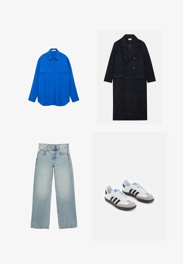 Dubbelknäppt svart kappan är tillverkad av texturerat tyg, har en bred slagkrage, två framfickor och mörka knappar. Lång, rak silhuett.; Mörkgrå tröja med rundad halsringning, ribbade mudd och nederkant. Stickad textur med en avslappnad passform och långa ärmar.; Blå långärmad skjorta med krage, två framfickor och rak skärning. Tillverkad av slätt tyg med en enfärgad och utan mönster.; Ljust blå denim byxor med vida ben och hög midja, med fem fickor, knappstängning och subtil blekning för en använd effekt.; Sportskor med överdel i vit läder, grå mocka på tårna och tre svarta ränder. Har en blå logotyp på tungan och en texturerad gummisula.