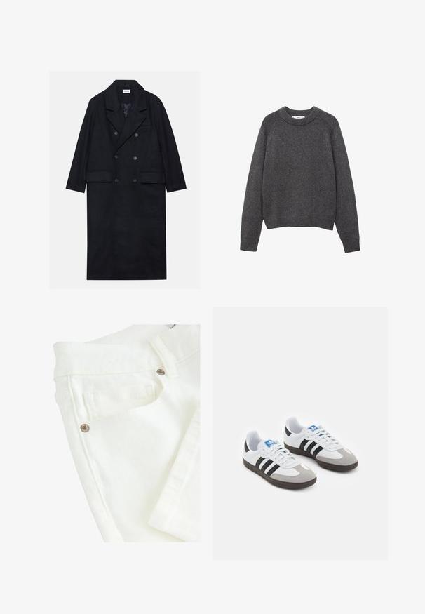 Cappotto doppiopetto nero realizzato in tessuto testurizzato, con ampio revers, due tasche frontali e bottoni scuri. Silhouette lunga e dritta.; Maglione grigio scuro con collo a giro. Maniche a costine e orlo a costine. Tessuto a maglia con una vestibilità rilassata e maniche lunghe.; T-shirt bianco semplice realizzato in cotone, con scollatura rotonda, maniche corte e vestibilità morbida. Texture liscia senza motivi o accenti.; Jeans in denim bianco con una texture liscia, dotati di una vita con doppia cucitura, tasche frontali e dettagli in hardware metallico.; Scarpe sportive con tomaia in pelle bianca, punta in suede grigia e tre strisce nere. Presentano un logo blu sulla linguetta e una suola in gomma testurizzata.