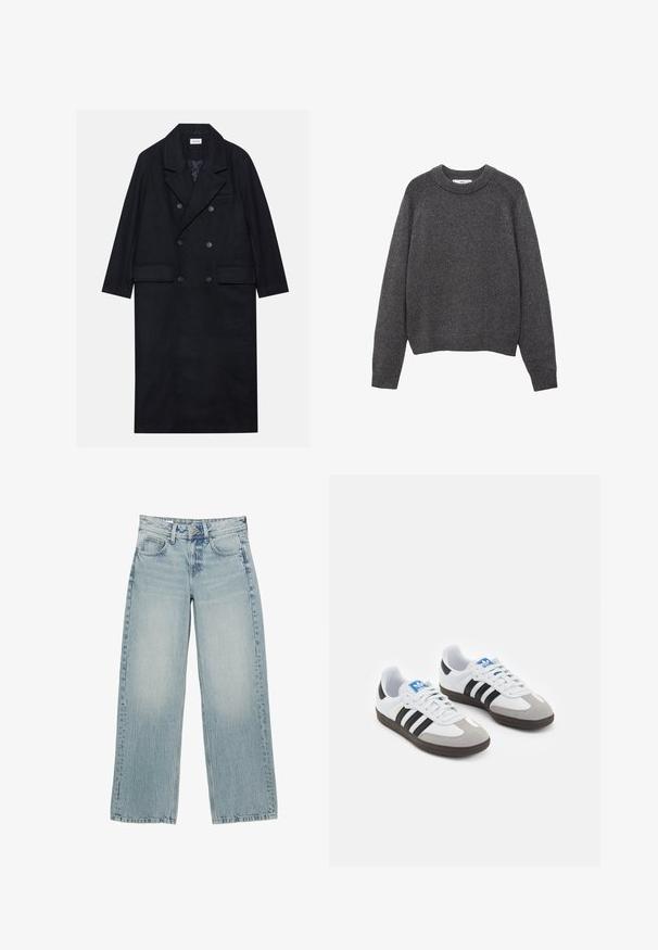 Dubbelgeknoopt zwart jasje gemaakt van gestructureerde stof, met een brede revers, twee opgestikte zakken aan de voorkant en donkere knopen. Lange, rechte uitstraling.; Donkergrijze trui met een ronde hals, ribgebreide boorden en zoom. Gebreide textuur met een ontspannen pasvorm en lange mouwen.; Effen wit T-shirt van katoen met een ronde hals, korte mouwen en een relaxte pasvorm. Glad textuur zonder patronen of accenten.; Lichtblauwe denim wijde jeans met een hoge taille, voorzien van vijf zakken, een knoopsluiting en subtiele vervaging voor een versleten effect.; Sportschoenen met een witte leren bovenkant, grijze suède neus en drie zwarte strepen. Bevat een blauw logo op de tong en een gestructureerde rubberen zool.