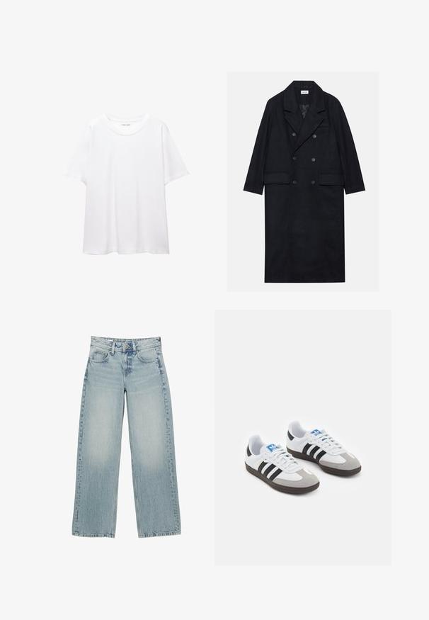 Dobbeltbrystet sort frakke lavet af struktureret stof, med bred krave, to forlommer og mørke knapper. Lang, lige silhuet.; Mørkegrå sweater med rund hals, ribbede manchetter og kant. Strikket tekstur med en afslappet pasform og lange ærmer.; En enkel hvid t-shirt lavet af bomuld med rund halsudskæring, korte ærmer og en afslappet pasform. Glat tekstur uden mønstre eller accentuer.; Lysblå denim bredbukser med høj talje, der har fem lommer, knaplukning og subtile falmninger for en slidt effekt.; Sportsko med en overdel i hvid læder, grå ruskind på tåen og tre sorte striber. Har et blåt logo på tungen og en struktureret gummisål.