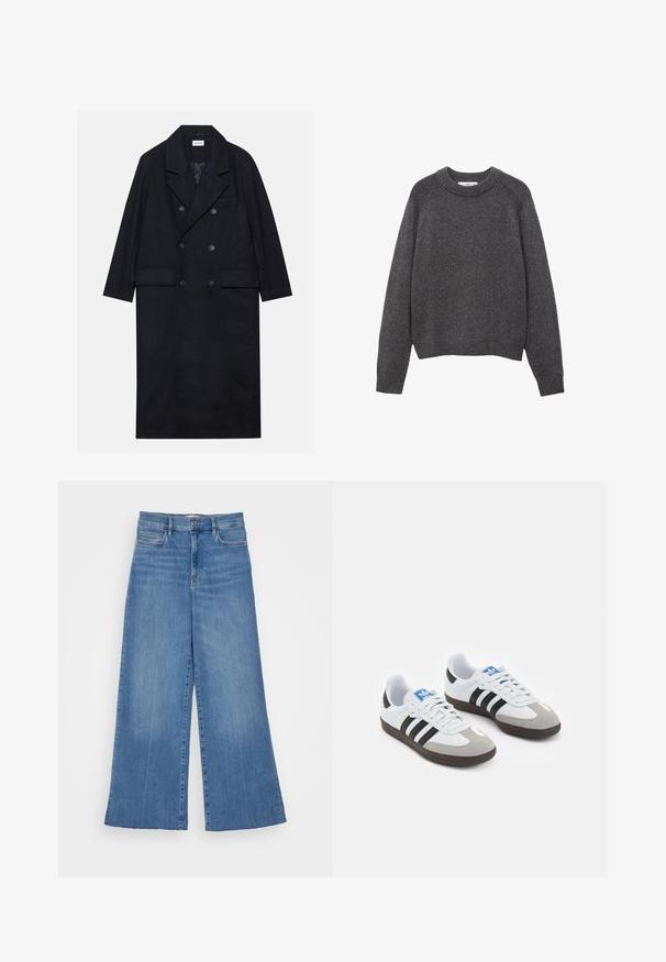 Kaksirivinen musta takki, joka on valmistettu tekstuurikankaasta. Takissa on leveä kaulus, kaksi etutaskua ja tummat napit. Pitkä, suora siluetti.; Tumma harmaa neuletakki, jossa on pyöreä pääntie, ribbaatut hihansuut ja helma. Neulostekstuuri, rento malli ja pitkät hihat.; FRAME PALAZZO RAW FRAY - Leveälahkeiset - clearwater; Urheilukengät, joissa on valkoinen nahkainen päällinen, harmaa mokkanokka ja kolme mustaa raitaa. Ominaisuuksina sininen logo kielekkeessä ja kuvioitu kumipohja.