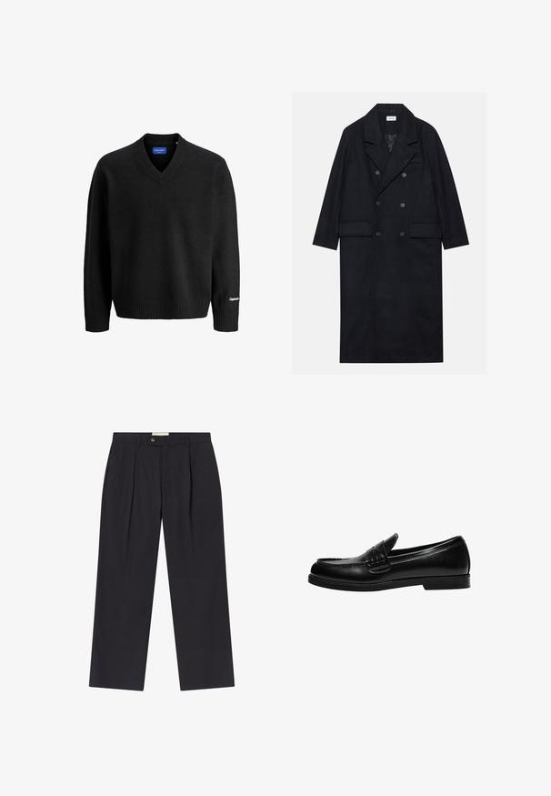 Manteau noir croisé en tissu texturé, avec un large revers, deux poches avant et des boutons foncés. Silhouette longue et droite.; Pull noir à col en V à manches longues avec des poignets et un ourlet côtelés, petite broderie blanche sur le poignet droit, et étiquette intérieure bleue.; Pantalons noirs marins ajustés à taille haute, avec deux plis à l'avant, fermeture par bouton et jambes droites en tissu lisse.; Mocassin en cuir noir avec une finition lisse, featuring un détail de couture sur le devant et une semelle en caoutchouc noir solide et basse.