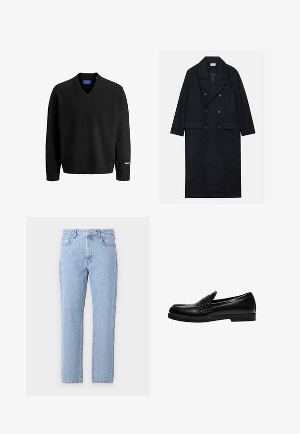 Kaksirivinen musta takki, joka on valmistettu tekstuurikankaasta. Takissa on leveä kaulus, kaksi etutaskua ja tummat napit. Pitkä, suora siluetti.; Musta V-mallinen pitkähiha sweateri, jossa on ribbireunat hihansuissa ja helmassa, pieni valkoinen brodeeraus oikeassa hihansuussa sekä sininen sisälabeli.; Vaaleansiniset farkut suoranlahkeisella muotoilulla, viisi taskua ja nappisuljenta. Pehmeä pinta klassisella haalistuilla viimeistelyllä.; Musta nahka loaferi, jossa on sileä pinta, ja joka sisältää ommeltuja yksityiskohtia vampissa sekä matalan, kiinteän mustan kumipohjan.