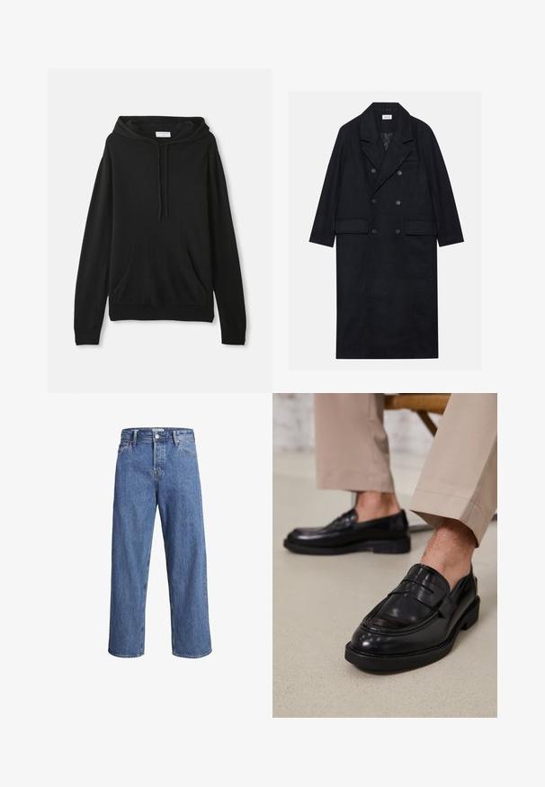Double-breasted black coat made from textured fabric, featuring a wide lapel, two front pockets, and dark buttons. Long, straight silhouette.; Black hoodie made of soft fabric; features a front kangaroo pocket, drawstring hood, long sleeves, and ribbed waistband and cuffs.; Light blue denim jeans with a straight-leg design, high waist, and minimal stitching details. The fabric has a soft, slightly faded texture.; Black leather loafers with a smooth finish, featuring a decorative strap and contrast stitching, paired with beige trousers.