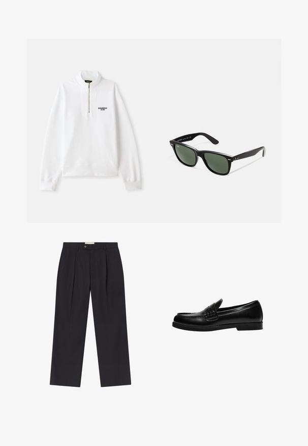 Manteau noir croisé en tissu texturé, avec un large revers, deux poches avant et des boutons foncés. Silhouette longue et droite.; Sweatshirt zippé blanc avec un col haut, arborant un logo noir sur le devant. Tissu doux, coupe décontractée, poignets et ourlet côtelés.; Pantalons noirs marins ajustés à taille haute, avec deux plis à l'avant, fermeture par bouton et jambes droites en tissu lisse.; Mocassin en cuir noir avec une finition lisse, featuring un détail de couture sur le devant et une semelle en caoutchouc noir solide et basse.; Lunettes de soleil en plastique noir avec verres verts, monture carrée, accent argenté sur le sourcil et branches texturées. Marque indiquée sur l'intérieur de la branche.