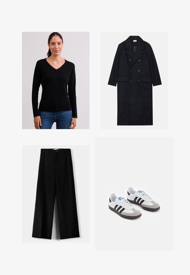 Doppelreihiger schwarzer Mantel aus strukturiertem Stoff, mit breitem Revers, zwei vorderen Taschen und dunklen Knöpfen. Langer, gerader Schnitt.; Schwarzes Langarm-Oberteil mit V-Ausschnitt, aus weichem Stoff gefertigt. Verfügt über eine figurbetonte Passform, glatte Textur und minimalistische Akzente. Getragen mit blauen Jeans.; Schwarze weite Hosen aus leichtem Stoff, mit einem Knopfverschluss vorne und flachem Bund, mit sorgfältig genähten Säumen.; Sportschuhe mit einem Obermaterial aus weißem Leder, grauer Wildleder-Zehenkappe und drei schwarzen Streifen. Sie verfügen über ein blaues Logo auf der Zunge und eine strukturierte Gummisohle.