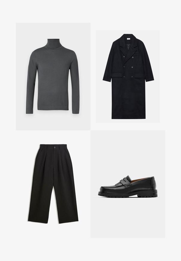 Dubbelgeknoopt zwart jasje gemaakt van gestructureerde stof, met een brede revers, twee opgestikte zakken aan de voorkant en donkere knopen. Lange, rechte uitstraling.; Donkergrijze, lange mouwen coltrui met aangesloten manchetten en een gladde, fijne gebreide textuur op een witte achtergrond.; Zwarte broeken met een relaxte pasvorm, voorzien van plooien aan de voorzijde, zijzakken en een knoopsluiting. Gemaakt van textiel met structuur.; Zwarte leren instappers hebben een verhoogde naad, twee decoratieve banden op de bovenkant en een dikke, gestructureerde zool voor extra grip.