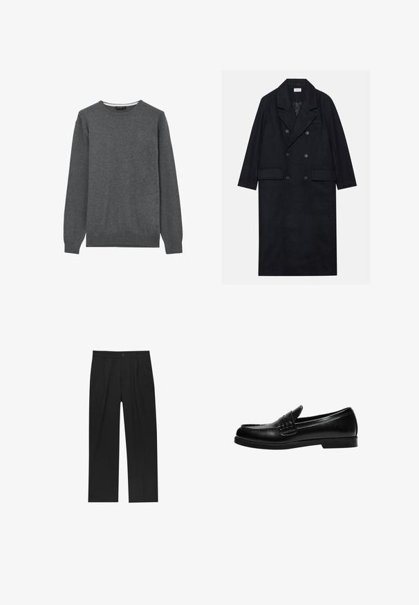 Doppelreihiger schwarzer Mantel aus strukturiertem Stoff, mit breitem Revers, zwei vorderen Taschen und dunklen Knöpfen. Langer, gerader Schnitt.; Dunkelgrauer Langarm-Pullover mit Rundhalsausschnitt, gerippten Bündchen und Saum, flach auf einem weißen Hintergrund präsentiert.; Schwarze Hose mit geradem Schnitt, aus einem glatten Stoff gefertigt. Verfügt über Vorderfalten und einen einzelnen Knopfverschluss an der Taille.; Schwarze Lederloafer mit glatter Oberfläche, ausgestattet mit einer Nahtverzierung an der Vorderkappe und einer niedrigen, durchgehenden Gummisohle in Schwarz.