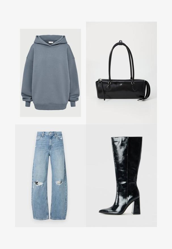 Kétgombos fekete kabát texturált anyagból, széles hajtókával, két elülső zsebbels és sötét gombokkal. Hosszú, egyenes sziluett.; Laza fitű, poros kék kapucnis pulóver bordázott mandzsettákkal és hemével, elülső kenguruzsebből, valamint kis "LeGer" hímzett szöveggel a mellkason.; Világoskék, magas derekú farmernadrág. Széles lábakkal, két szakadt térddel és klasszikus öt zsebes dizájnnal rendelkezik.; Fekete, magas csizma fényes bőrből, hegyes orral és sima textúrájú, vastag geometrikus sarokkal.; Fekete bőr kézitáska téglalap alakú, sima textúrával, két fogantyúval, cipzáros záródással és egy kis logóval az elején.