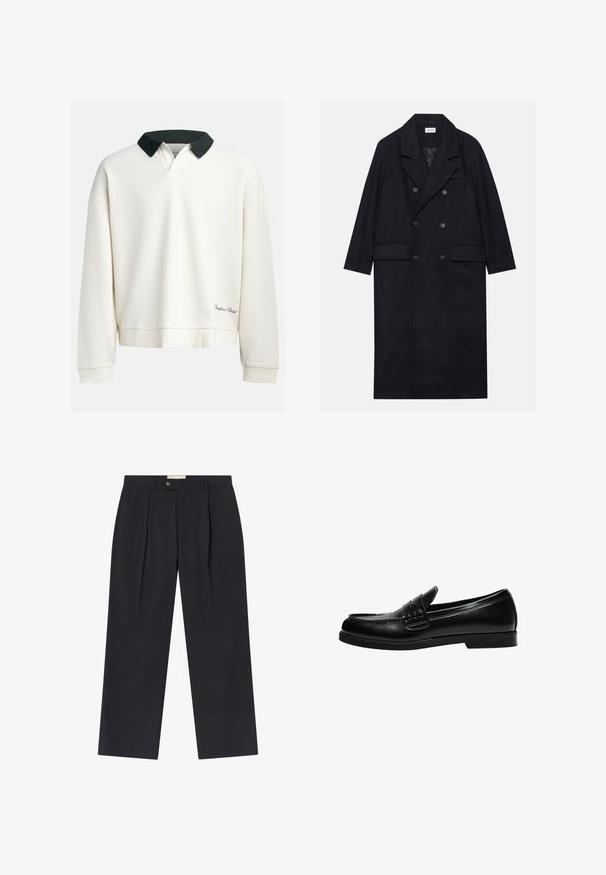Dugi crni kaput s dvostrukim kopčanjem, izrađen od teksturirane tkanine, s širokim reverima, dva prednja džepa i tamnim dugmadi. Duga, ravna silueta.; Pulover s okruglim izrezom u boji slonovače od pamuka, s kontrastnim tamnozelenim ovratnikom. Ima rebrastu teksturu i izvezeni logo blizu rubu.; Prilagođene tamnoplave hlače s visokim strukom, dva prednja nabora, kopčanje na dugme i ravne nogavice od glatkog materijala.; Crna kožna loafer cipela s glatkom površinom, koja ima šavnu obradu na gornjem dijelu i nisku, čvrstu crnu gumenu podlogu.