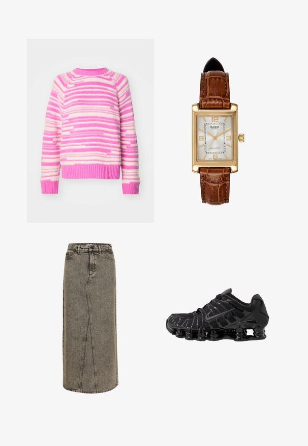 Doppelreihiger schwarzer Mantel aus strukturiertem Stoff, mit breitem Revers, zwei vorderen Taschen und dunklen Knöpfen. Langer, gerader Schnitt.; Strickpullover mit horizontalen Streifen in Pink und Creme. Ribbelkragen und -bündchen, weicher Stoff und entspannter Schnitt.; Maxi-Jeansrock in verblichenem Schwarz mit geradem Schnitt, sichtbaren Nähten und einem Schlitz vorne. Verfügt über einen Standardbund und Gürtelschlaufen.; Schwarzer Sportschuh mit Mesh-Obermaterial und glänzenden Überzügen. Verfügt über eine geschwungene Spiraldämpfung und strukturierte Linien an der Seite. Nike-Logo sichtbar.; Casio Quarz-Uhr mit rechteckigem Gehäuse in Goldfarbe, weißem Ziffernblatt, goldenen Stundenmarkierungen und braunem Lederarmband im Krokodil-Design. Wasserfest.