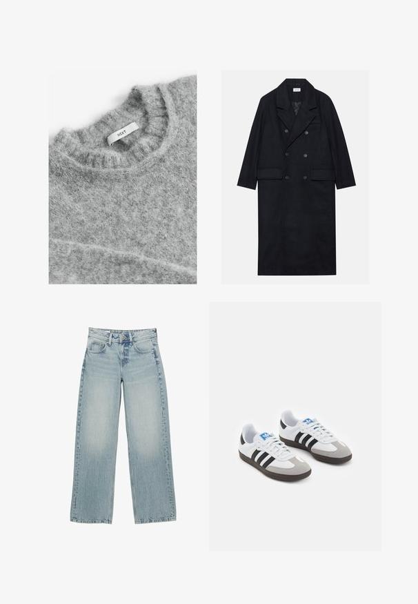 Dvojradový čierny kabát vyrobený z textúrovanej látky, s širokým klopom, dvoma prednými vreckami a tmavými gombíkmi. Dlhý, rovný silueta.; Next Svetrík - grey; Jednoduché biele tričko vyrobené z bavlny s okrúhlym výstrihom, krátkymi rukávmi a voľným strihom. Hladká textura bez vzorov alebo akcentov.; Svetlomodré denimové nohavice s širokými nohavicami a vysokým pásom, s piatimi vreckami, gombíkovým zapínaním a jemným blednutím pre opotrebovaný efekt.; Športové topánky s bielym koženým zvrškom, šedou semišovou špičkou a tromi čiernymi pruhmi. Obsahujú modré logo na jazyku a štruktúrovanú gumovú podrážku.