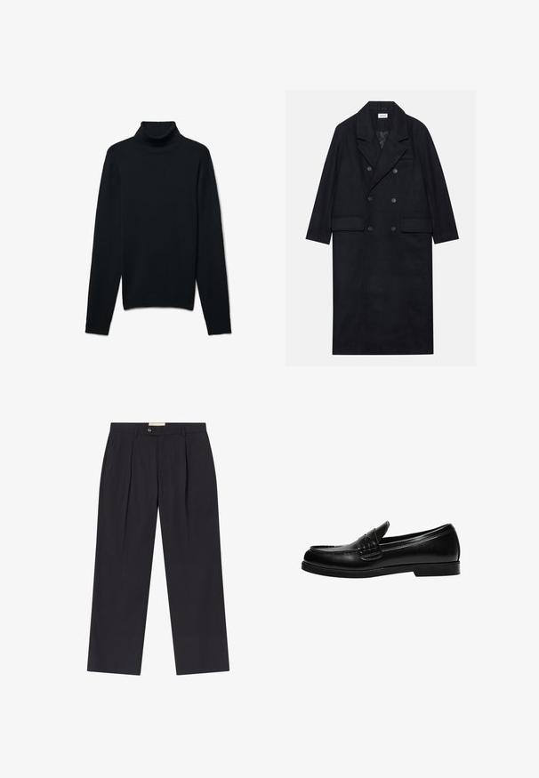 Doppelreihiger schwarzer Mantel aus strukturiertem Stoff, mit breitem Revers, zwei vorderen Taschen und dunklen Knöpfen. Langer, gerader Schnitt.; Schwarzer Rollkragenpullover aus weichem Strickmaterial. Verfügt über einen taillierten Kragen, lange Ärmel und eine glatte Textur ohne Muster.; Maßgeschneiderte dunkelblaue Stoffhosen mit hoher Taille, zwei frontalen Falten, Knopfverschluss und geraden Beinen aus glattem Material.; Schwarze Lederloafer mit glatter Oberfläche, ausgestattet mit einer Nahtverzierung an der Vorderkappe und einer niedrigen, durchgehenden Gummisohle in Schwarz.