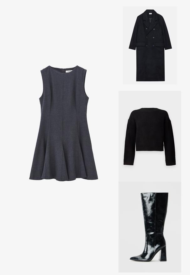 Doppelreihiger schwarzer Mantel aus strukturiertem Stoff, mit breitem Revers, zwei vorderen Taschen und dunklen Knöpfen. Langer, gerader Schnitt.; Schwarzer Strickpullover mit rundem Halsausschnitt, langen Ärmeln und verkürztem Design. Strukturierter Stoff mit Rippbündchen und Saum.; Ärmelloses, dunkelgraues Kleid mit einem taillierten Oberteil und weitem A-Linien-Rock, aus strukturiertem Stoff gefertigt; verfügt über einen Reißverschluss im Rücken.; Schwarze kniehohe Stiefel aus glänzendem Leder, mit spitzem Zehen und einem klobigen, geometrischen Absatz mit glatter Textur.; Schwarze Ledertasche mit rechteckiger Form, glatter Textur, zwei Griffen, Reißverschluss und einem kleinen Logo auf der Vorderseite.