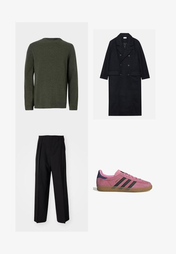Doppelreihiger schwarzer Mantel aus strukturiertem Stoff, mit breitem Revers, zwei vorderen Taschen und dunklen Knöpfen. Langer, gerader Schnitt.; Dunkelgrüner Strickpullover mit Rundhalsausschnitt, langen Ärmeln und gerippten Bündchen und Saum. Glatte Textur mit einem einheitlichen Muster.; Langärmliges, weißes T-Shirt aus weicher Baumwolle. Rundhalsausschnitt mit geraden Saumabschlüssen und ohne sichtbare Muster oder Grafiken.; Schwarze, plissierte Hose mit geradem, weitem Bein. Hergestellt aus glattem Stoff, mit Knopfverschluss und Gürtelschlaufen.; Rosa Wildleder-Sneaker mit schwarzen Streifen, Gummisohle und strukturiertem lila Fersenbereich. Verfügt über ein Schnürdesign und geprägte Markenkennzeichnung an der Seite.
