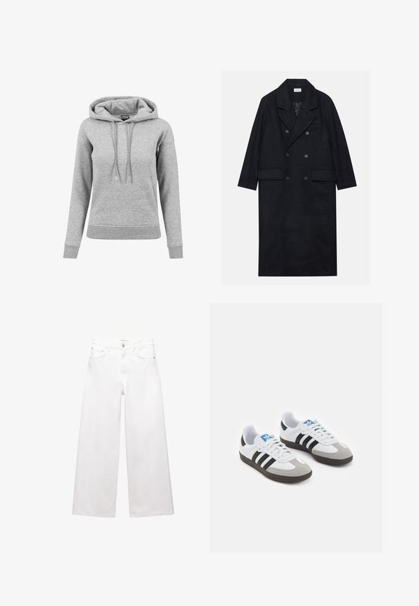 Dvouřadový černý kabát vyrobený z texturované tkaniny, s širokým límcem, dvěma předními kapsami a tmavými knoflíky. Dlouhá, rovná silueta.; Šedá mikina vyrobená z bavlny, s kapucí na šňůrku, dlouhými rukávy, žebrovanými manžetami a lemem. Jednoduchý design bez vzorů.; Bílé široké džíny vyrobené z bavlny, s vysokým pasem, pěti kapsami a akcenty z mosazného hardwaru. Hladká, nedotčená textura.; Sportovní boty s bílým koženým svrškem, šedou semišovou špičkou a třemi černými pruhy. Obsahují modré logo na jazyku a texturovanou gumovou podrážku.