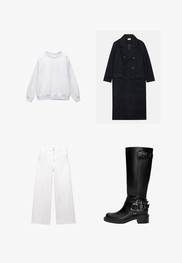 Cappotto doppiopetto nero realizzato in tessuto testurizzato, con ampio revers, due tasche frontali e bottoni scuri. Silhouette lunga e dritta.; Felpa grigia chiara con colletto a giro e maniche lunghe, con polsini e orlo a costine, esposta piana su sfondo bianco.; Jeans bianchi a gamba larga in cotone, caratterizzati da un'alta vita, design a cinque tasche e dettagli in ottone. Texture liscia e non trattata.; Stivali alti neri in pelle fino al ginocchio con punta rotonda, tacco a blocco e numerose cinghie decorative con fibbie e accenti argentati.