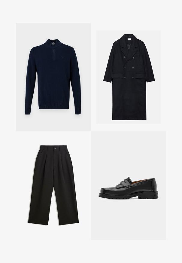Cappotto doppiopetto nero realizzato in tessuto testurizzato, con ampio revers, due tasche frontali e bottoni scuri. Silhouette lunga e dritta.; Maglione a maniche lunghe di colore blu navy in maglia con colletto, polsini e bordo a coste, dotato di una breve cerniera frontale con un'impugnatura rotonda.; Pantaloni neri con una vestibilità comoda, caratterizzati da pieghe frontali, tasche laterali e chiusura con bottone. Realizzati in tessuto testurizzato.; I mocassini in pelle nera presentano una cucitura sollevata, due fasce decorative sulla parte superiore e una suola spessa e texture per una maggiore aderenza.