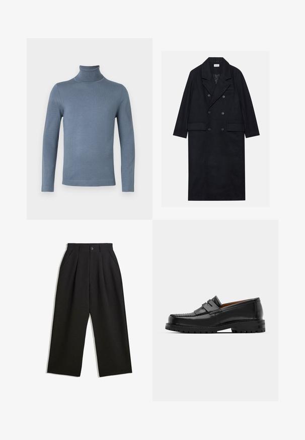 Dubbelgeknoopt zwart jasje gemaakt van gestructureerde stof, met een brede revers, twee opgestikte zakken aan de voorkant en donkere knopen. Lange, rechte uitstraling.; Lichtblauwe langetermijn turtleneck trui met een effen, gladde breistekstuur en een aansluitende silhoeet op een witte achtergrond.; Zwarte broeken met een relaxte pasvorm, voorzien van plooien aan de voorzijde, zijzakken en een knoopsluiting. Gemaakt van textiel met structuur.; Zwarte leren instappers hebben een verhoogde naad, twee decoratieve banden op de bovenkant en een dikke, gestructureerde zool voor extra grip.