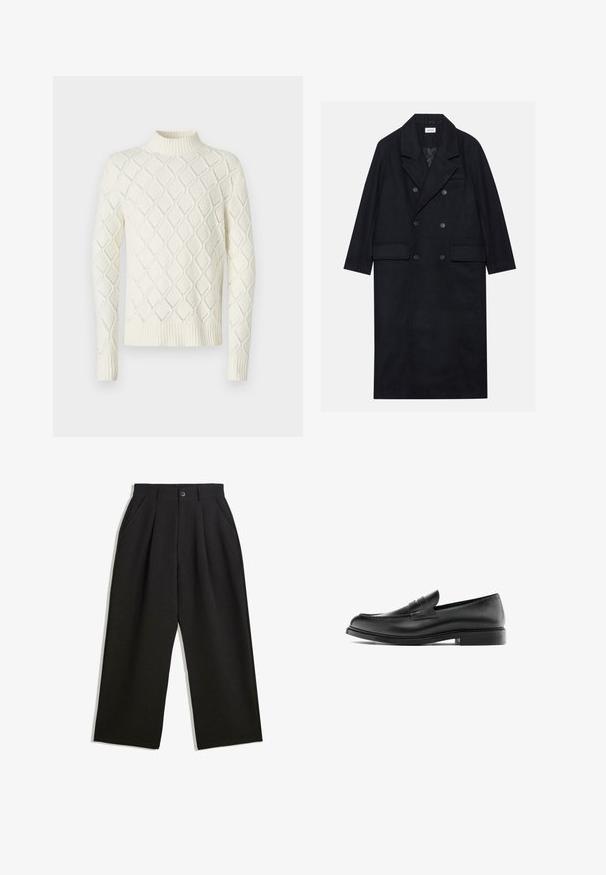 Cappotto doppiopetto nero realizzato in tessuto testurizzato, con ampio revers, due tasche frontali e bottoni scuri. Silhouette lunga e dritta.; Maglione color crema con colletto alto, caratterizzato da un motivo a treccia a rombi e polsini e orlo a coste. Tessuto morbido, maniche lunghe.; Pantaloni neri con una vestibilità comoda, caratterizzati da pieghe frontali, tasche laterali e chiusura con bottone. Realizzati in tessuto testurizzato.; Mocassino penny in pelle nera con tacco basso, punta arrotondata e dettagli cuciti lungo la tomaia, mostrato in profilo laterale su uno sfondo bianco.