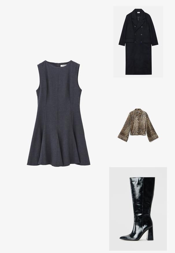 Double-breasted black coat made from textured fabric, featuring a wide lapel, two front pockets, and dark buttons. Long, straight silhouette.; Leopard print, cropped jacket with long, flared sleeves. Made from smooth fabric, featuring a collar and button closure.; Sleeveless dark gray dress with a fitted bodice and flared A-line skirt, made from textured fabric; features a back zipper.; Black knee-high boots made of glossy leather, featuring a pointed toe and a chunky geometric heel with a smooth texture.; Black leather handbag with a rectangular shape, smooth texture, two handles, zip closure, and a small logo on the front.