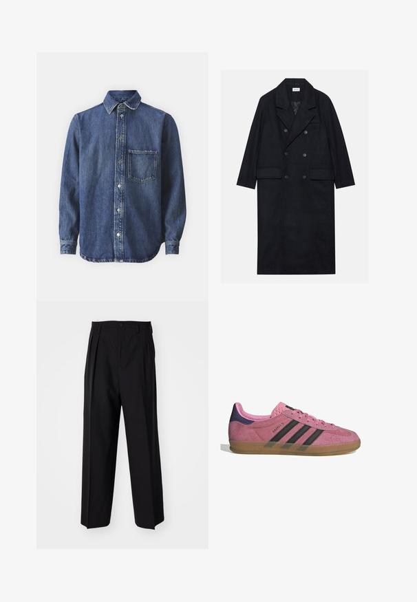 Dubbelgeknoopt zwart jasje gemaakt van gestructureerde stof, met een brede revers, twee opgestikte zakken aan de voorkant en donkere knopen. Lange, rechte uitstraling.; Denim overhemd, donkerblauw, met knoopsluiting aan de voorkant, lange mouwen, puntkraag, enkele borstzak, licht vervaagde textuur, met zichtbare stikseldetails.; Langsleeve witte t-shirt gemaakt van zachte katoen. Ronde halslijn met rechte zoom en geen zichtbare patronen of graphics.; Zwarte geplooide broeken met een rechte, brede pijpontwerp. Gemaakt van soepele stof, met een knoopsluiting en riemlussen.; Roze suède sneaker met zwarte strepen, rubberen zool en textuur op de paarse hak. Voorzien van een vetersluiting en opgedrukte merknaam aan de zijkant.