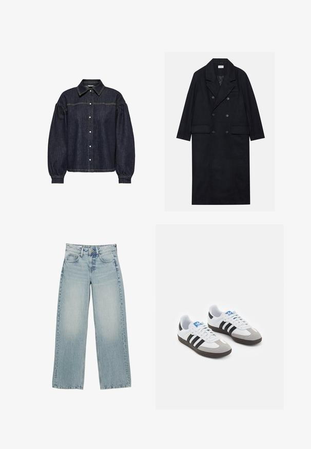 Cappotto doppiopetto nero realizzato in tessuto testurizzato, con ampio revers, due tasche frontali e bottoni scuri. Silhouette lunga e dritta.; Camicia di jeans blu scuro con maniche lunghe a sbuffo, chiusura con bottoni e cuciture gialle a contrasto su petto e cuciture delle maniche.; T-shirt bianco semplice realizzato in cotone, con scollatura rotonda, maniche corte e vestibilità morbida. Texture liscia senza motivi o accenti.; Jeans in denim azzurro chiaro a gamba larga con vita alta, dotati di cinque tasche, chiusura con bottone e leggera sbiaditura per un effetto usurato.; Scarpe sportive con tomaia in pelle bianca, punta in suede grigia e tre strisce nere. Presentano un logo blu sulla linguetta e una suola in gomma testurizzata.