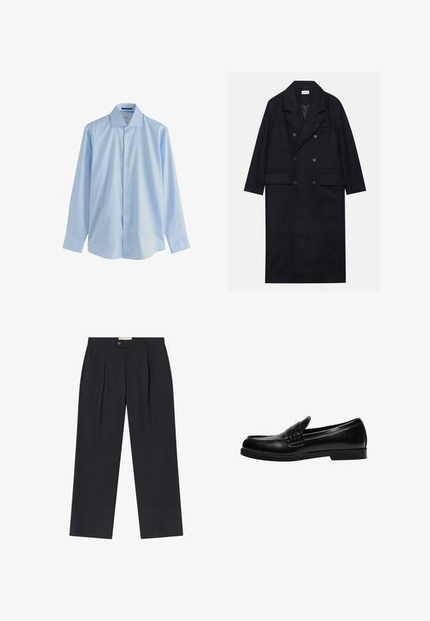 Dubbelgeknoopt zwart jasje gemaakt van gestructureerde stof, met een brede revers, twee opgestikte zakken aan de voorkant en donkere knopen. Lange, rechte uitstraling.; Lichtblauw overhemd met lange mouwen en knoopsluiting, gemaakt van soepele stof, met een puntige kraag en zeven knopen aan de voorkant. Het heeft een ontspannen pasvorm en manchetten.; Op maat gemaakte donkerblauwe broeken met een hoge taille, twee voorplooien, knoopsluiting en rechte pijpen in een soepele stof.; Zwarte leren loafers met een gladde afwerking, voorzien van stiksel op de voorkant en een lage, stevige zwarte rubberen zool.