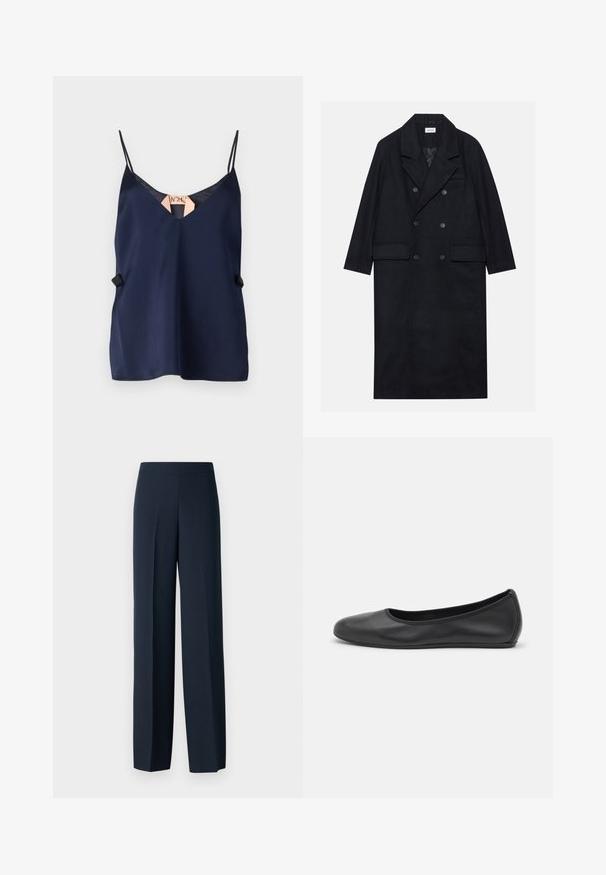 Dobbeltbrystet sort frakke lavet af struktureret stof, med bred krave, to forlommer og mørke knapper. Lang, lige silhuet.; Marineblå satin cami med V-hals, tynde stropper og en subtil sideaccent. Glat tekstur og let design.; Mørkeblå vidde bukser med en glat tekstur, flad talje og uden synlige lukke detaljer. Syet til en afslappet pasform.; Sort læderballetsko med rund tå, glat tekstur, minimal syning og et fleksibelt såldesign.