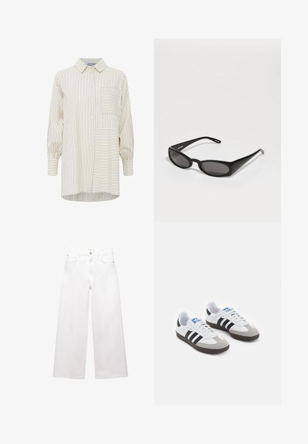 Doppelreihiger schwarzer Mantel aus strukturiertem Stoff, mit breitem Revers, zwei vorderen Taschen und dunklen Knöpfen. Langer, gerader Schnitt.; Gestreiftes Hemd in Beige und Creme, mit einer Brusttasche, langen Ärmeln und einem lockeren Schnitt mit abgerundetem Saum.; Weiße, weit geschnittene Jeans aus Baumwolle mit hoher Taille, Fünf-Taschen-Design und Messingbeschlägen. Glatte, unbeschädigte Oberfläche.; Sportschuhe mit einem Obermaterial aus weißem Leder, grauer Wildleder-Zehenkappe und drei schwarzen Streifen. Sie verfügen über ein blaues Logo auf der Zunge und eine strukturierte Gummisohle.; Henrik Vibskov MEGAN SUNGLASSES UNISEX - Sonnenbrille - black; Schwarze Lederhandtasche mit strukturiertem Design, einem Oberhandgriff und einem goldfarbenen Verschluss. Verfügt über eine strukturierte Oberfläche mit geprägt Logo.