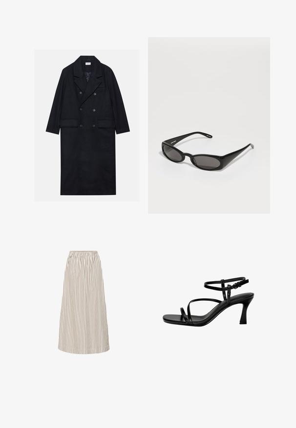 Dobbeltbrystet sort frakke lavet af struktureret stof, med bred krave, to forlommer og mørke knapper. Lang, lige silhuet.; Hvid bomulds tanktop med en rundet halsudskæring, uden ærmer og en tætsiddende pasform. Glat tekstur, ensartet design og minimale syninger.; Let skit i let materiale, A-line midi-skirt i creme med tynde brune lodrette striber. Har en elastisk talje og glat, flydende stof.; Sorte læderhælede sandaler med tynde stropper, firkantet tå og stiletto hæl. Justerbar ankelrem for pasform. Glat tekstur.; Henrik Vibskov MEGAN SUNGLASSES UNISEX - Solbriller - black; Sort læderhåndtaske med et struktureret design, en overhåndtag og en guld-tonet lås. Har en tekstureret overflade med præget logo.