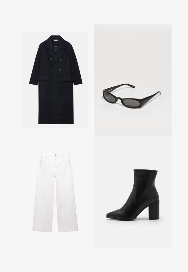 Dvouřadový černý kabát vyrobený z texturované tkaniny, s širokým límcem, dvěma předními kapsami a tmavými knoflíky. Dlouhá, rovná silueta.; Bílý bavlněný top bez rukávů s kulatým výstřihem a přiléhavým střihem. Hladká textilie, jednoduchý design a minimální švy.; Bílé široké džíny vyrobené z bavlny, s vysokým pasem, pěti kapsami a akcenty z mosazného hardwaru. Hladká, nedotčená textura.; RAID ORELA - Kotníkové boty - black; Henrik Vibskov MEGAN SUNGLASSES UNISEX - Sluneční brýle - black; Černá kožená kabelka se strukturovaným designem, horním uchem a zlatým zapínáním. Má texturovaný povrch s embosovaným logem.