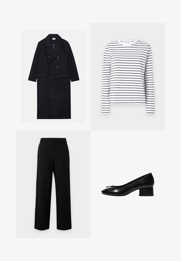 Kaksirivinen musta takki, joka on valmistettu tekstuurikankaasta. Takissa on leveä kaulus, kaksi etutaskua ja tummat napit. Pitkä, suora siluetti.; Pitkähihainen valkoinen puuvillapaita, jossa on mustat vaakasuorat raidat. Rinnassa on pyöreä kaula-aukko ja rento istuvuus. Ei huomattavia yksityiskohtia tai kuoseja.; Mustat leveälahkeiset housut, jotka on valmistettu sileästä kankaasta. Niissä on tasainen etuosa, kaksi pystysaumaa ja yksinkertainen vyötärönauhan muotoilu.; Musta kiiltävä nahka korkokenkä, jossa on pyöreä kärki, pieni lohkokorko ja nauhakoriste edessä. Sileä pinta kiiltävällä viimeistelyllä.