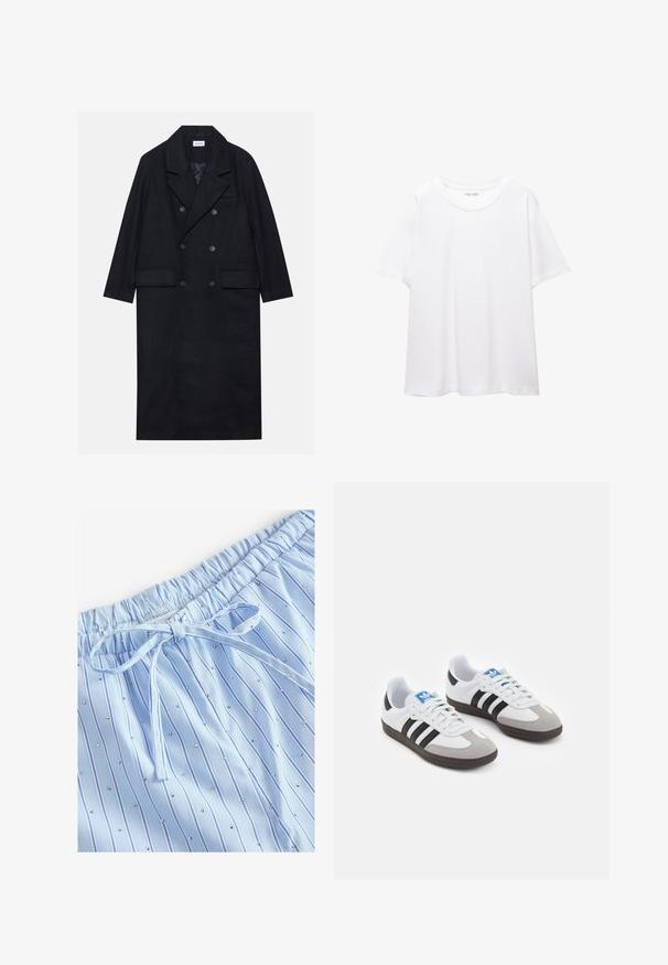 Kaksirivinen musta takki, joka on valmistettu tekstuurikankaasta. Takissa on leveä kaulus, kaksi etutaskua ja tummat napit. Pitkä, suora siluetti.; Valkoinen t-paita, joka on valmistettu puuvillasta, pyöreällä pääntiellä, lyhyillä hihoilla ja rentona istuvuutena. Suora pinta ilman kuvioita tai koristeluita.; Vaaleansiniset yöpaidat, joissa on pystysuorat raidat ja pieniä heijastavia niittejä. Joustava vyötärö, jossa on kiristysnauha säätöä varten.; Urheilukengät, joissa on valkoinen nahkainen päällinen, harmaa mokkanokka ja kolme mustaa raitaa. Ominaisuuksina sininen logo kielekkeessä ja kuvioitu kumipohja.