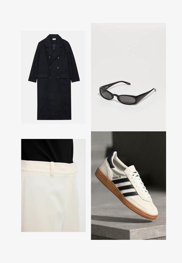 Dwurzędowy czarny płaszcz wykonany z teksturowanej tkaniny, z szerokim kołnierzem, dwiema przednimi kieszeniami i ciemnymi guzikami. Długi, prosty fason.; Prosta, biała koszulka wykonana z bawełny, z okrągłym dekoltem, krótkimi rękawami i luźnym krojem. Gładka faktura, bez wzorów czy akcentów.; Beżowe spodnie o gładkiej fakturze, z płaskim pasem i szlufkami na pasek. Materiał wydaje się lekki i lekko błyszczący.; Białe zamszowe sneakersy z granatowymi paskami, gumową podeszwą, teksturowaną górą, okrągłym noskiem i sznurowaniem; posiadają logo po boku i na języku.; Henrik Vibskov MEGAN UNISEX czarny; Czarna skórzana torebka o strukturalnym designie, z górnym uchwytem i zapięciem w złotym odcieniu. Posiada teksturowaną powierzchnię z wytłoczonym logo.